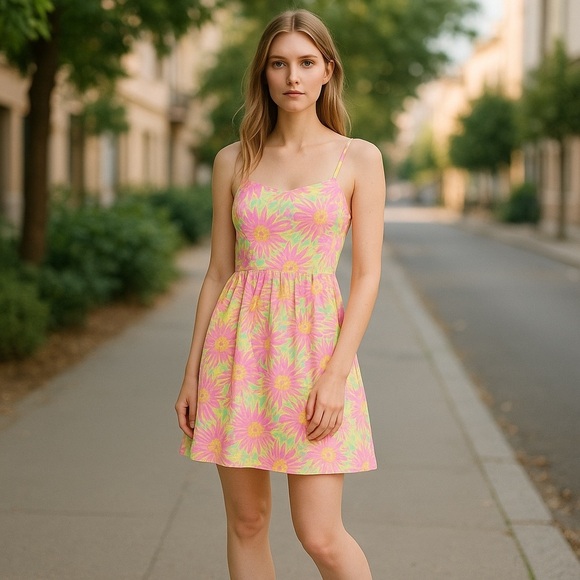 Lilly Pulitzer Dresses & Skirts - Lilly Pulitzer Bright COTTON sunburst floral spaghetti strap,tied back mini-SZ-4